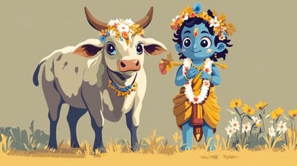 Naklejka premium Charming Illustration of Baby Krishna with Sacred Cow, Depicting the Hindu God in Traditional Clothing for Celebrating Indian Festivals Like Janmashtami, Govardhan Puja, and Vasubaras