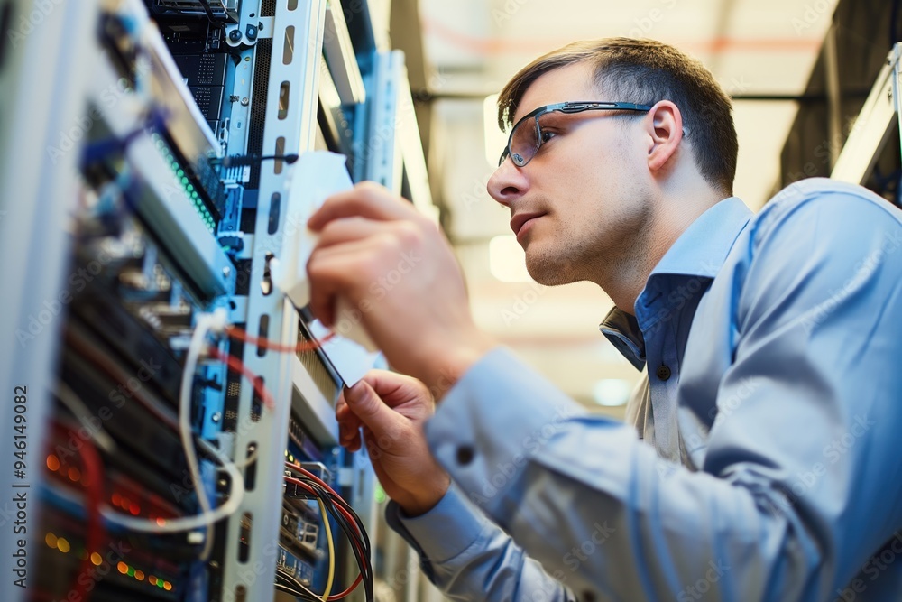 Poster Network engineer in data center environment. Man in professional attire inspects computer equipment. Server room background with racks of servers and network devices.
