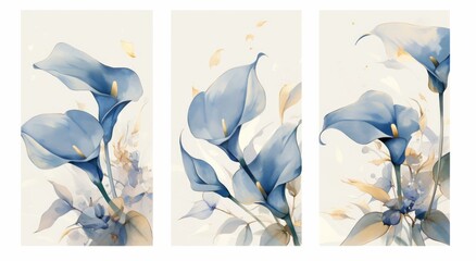 Set of Three Blue Calla Lily Flower Paintings in Frames on White Background