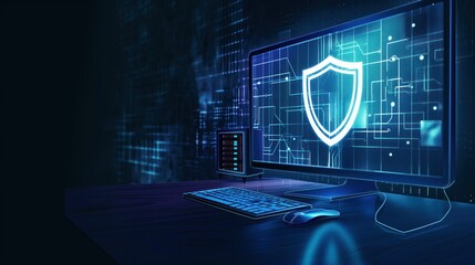 Computer monitor displays blue shield with white cross on dark background. Keyboard and mouse suggest active workspace for cybersecurity threats defense.