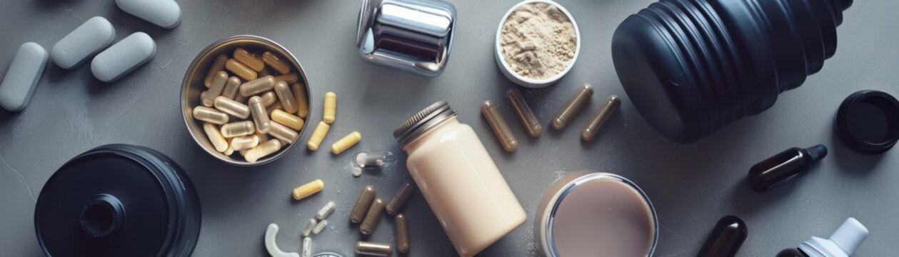 Assorted health supplements and fitness gear neatly arranged on a grey surface, highlighting essentials for wellness and active lifestyle.