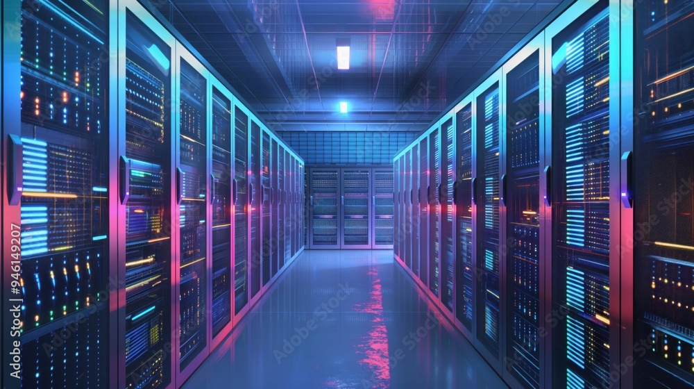 Leinwandbilder data center server room with multiple rows of computer racks. server equipment, network hardware, st