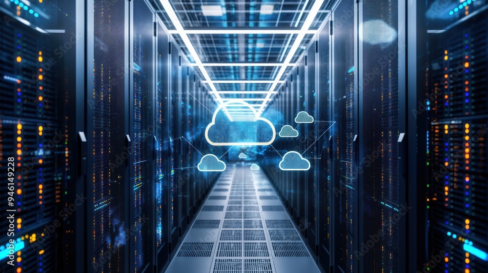 Aufkleber Corridor in large cloud data center filled with rows of rack servers, supercomputers. Cloud icons overlay.