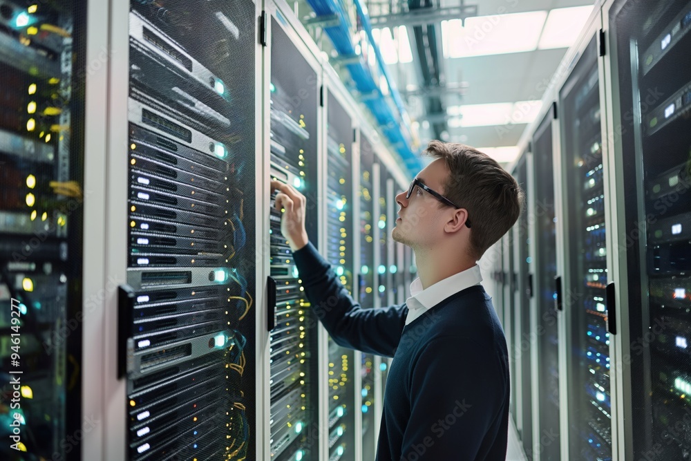 Poster young caucasian man in datacenter server room surrounded by rows of equipment, servers. dressed in s