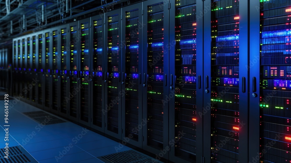 Poster rows of servers in a large data center facility. modern computer hardware equipment for hosting and 