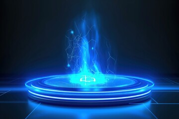 High-tech futuristic disc podium for showcasing cutting-edge products in a dark blue glow. Negative space concept banner for innovation and technology with neon particles shining bright.