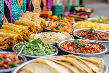 Obraz premium Traditional Mexican Fiesta: A table spread with authentic Mexican dishes like tamales, tacos, and salsa, surrounded by vibrant papel picado banners
