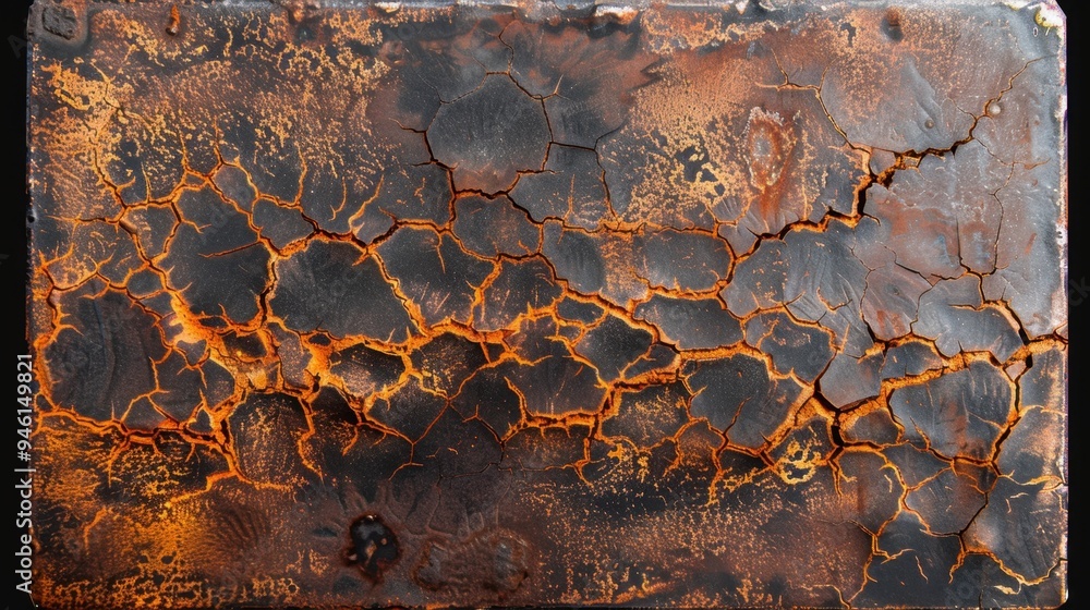 Poster top view of a heavily rusted iron panel with deep cracks and flaking, perfect for a distressed backg