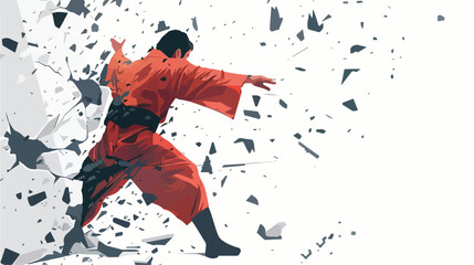 Kimono-Clad Man Breaking Through Wall - Mixed Media Vector Illustration