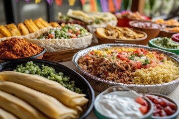 Obraz premium Traditional Mexican Fiesta: A table spread with authentic Mexican dishes like tamales, tacos, and salsa, surrounded by vibrant papel picado banners