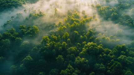 Fototapeta premium Aerial view of a mist-covered forest canopy at dawn, with the tops of trees emerging through the fog, creating a mystical, ethereal landscape bathed in soft morning light
