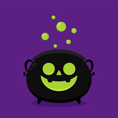 Pumpkin face on kettle. Witch cauldron, Halloween magic pot with green potion. Vector steel boiler with boiling magic brew or steaming goo. Cartoon kettle with poison.