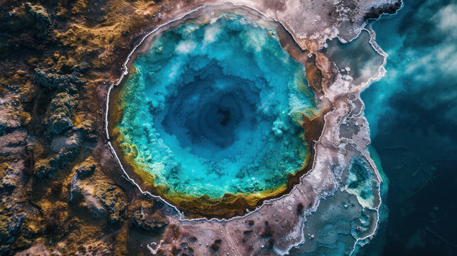 Aerial view of a geothermal crater lake, with boiling water and steam clouds, the surrounding terrain marked by sulfur deposits and other minerals - Powered by Adobe
