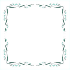 Obraz premium Green vegetal floral frame with leaves and blue flowers, decorative corners for greeting cards, banners, business cards, invitations, menus. Isolated vector illustration. 