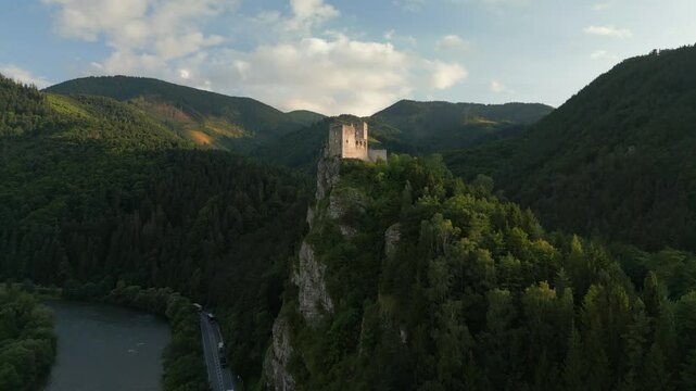 Ruins of Strecno Castle during sunset, Slovakia.