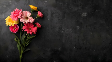 Fototapeta premium Group Flowers Sitting Top Black Surfa