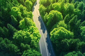 Aerial view of a winding street through lush green forest. Road leads into distance surrounded by tall trees. Green plants blankets the landscape creating a serene atmosphere.