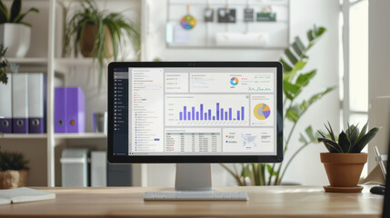 Aerial view of a desktop screen displaying a social media management dashboard, with charts, calendars, and scheduling tools organized neatly for efficiency