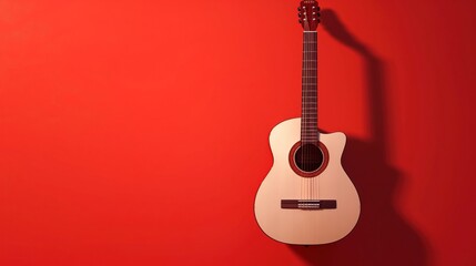 Close-up of a guitar hanging on wall against red background. Guitar is isolated object in space for music photography. Vintage style acoustic instrument hangs from wall.