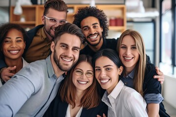 Group of pro business workers pose together with confident smiles, looking at camera in modern office setting. Businessmen, women collaborate, communicate, work together as team, leadership, teamwork