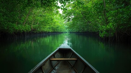 Obraz premium Serene rowboat ride in a dense mangrove forest, the calm water perfectly reflecting the surrounding greenery