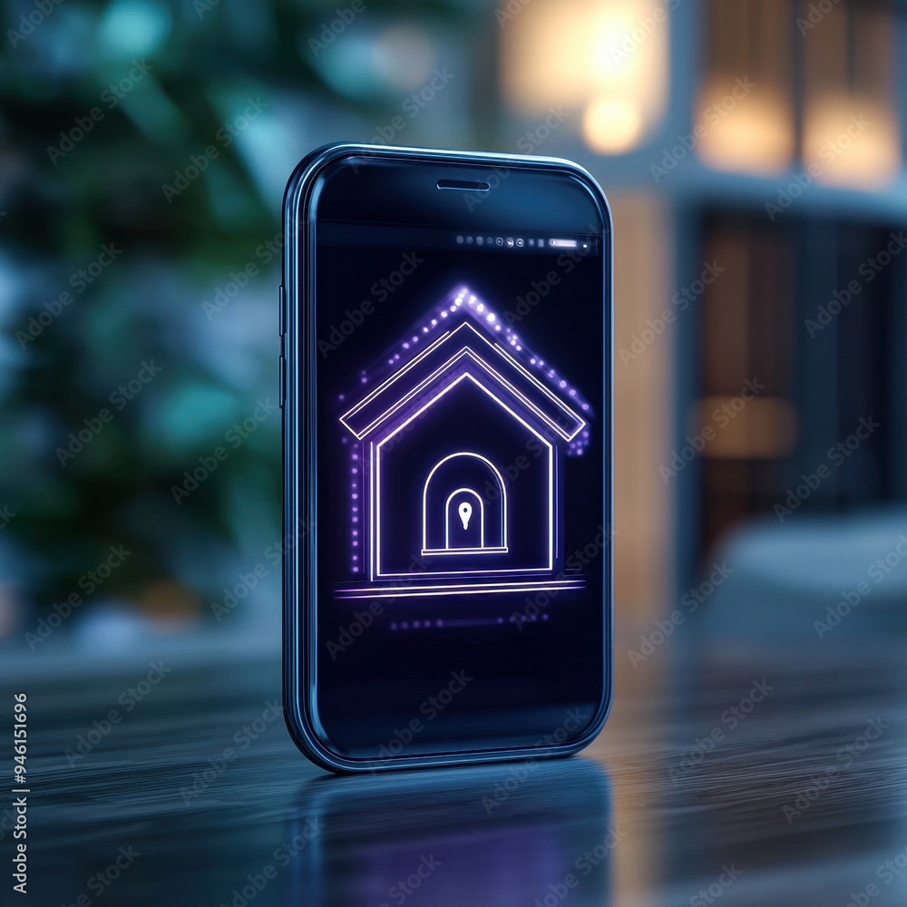 Poster a smartphone displaying a glowing house icon, symbolizing smart home technology and digital security