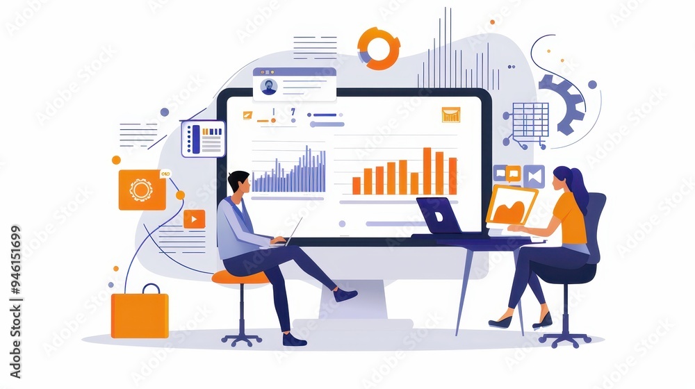 Poster business professionals analyzing data and charts on a computer screen, working together in a modern 