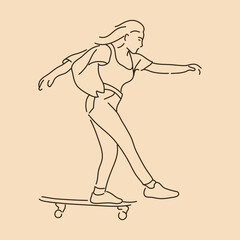 Skateboard girl. Line art drawing. Sketch outline vector