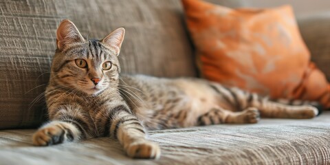 Short hair cat lies on a sofa in a living room. Bengal cat breed, domestic animal, furry pet. Calm and happy animal face, cute cat eyes, fluffy fur. Beautiful tabby cat at home, on couch, in house.