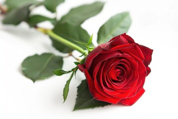 Red rose isolated on white background with dew drops. Close-up of single flower with water droplets. Beautiful, romantic, delicate, red rose blossom on white surface. Macro photography of rose with