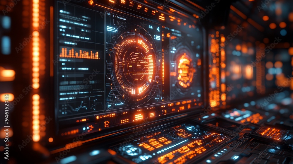 Poster the holographic display illuminates a dark control room, presenting vibrant data visualizations and 