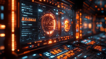 The holographic display illuminates a dark control room, presenting vibrant data visualizations and interactive metrics in orange hues.