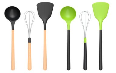 Wooden kitchen utensils, tools and equipment on white background. 3d render of home kitchen tools and accessories for cooking