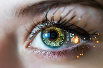 Man with futuristic cybernetic eye implant, digital technology interface, virtual reality system, innovation, cyborg vision, artificial lens, bionic eye device, futuristic goggles, techno reality,