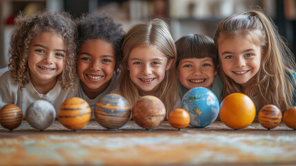 A diverse group of schoolchildren excitedly gathered around a solar system model, learning about space during World Space Week, with copy space on a clean background