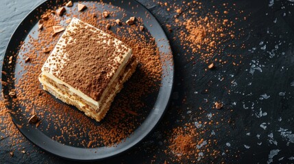 Top view of a serving of tiramisu with a dusting of cocoa powder on a black slate