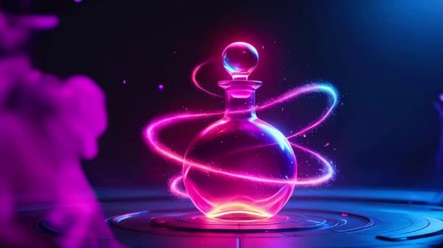 A glowing pink and blue potion bottle with swirling light trails on a circular platform.