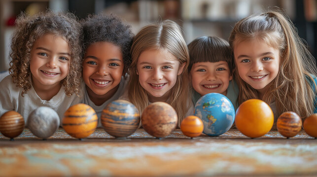 A diverse group of schoolchildren excitedly gathered around a solar system model, learning about space during World Space Week, with copy space on a clean background - Powered by Adobe