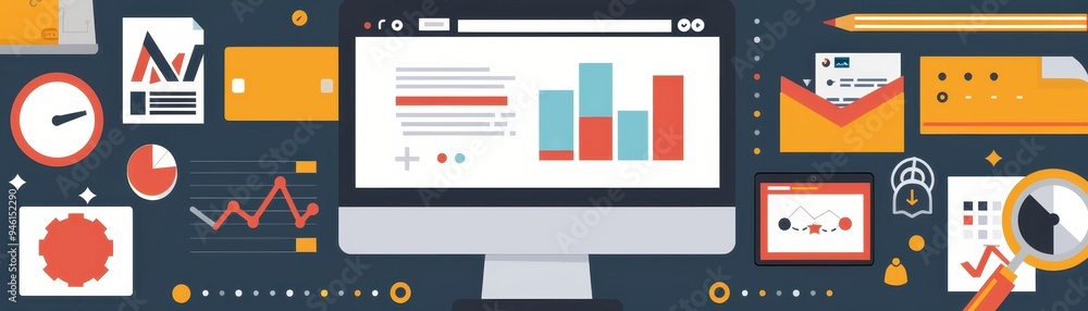 Poster business analytics concept with graphs and charts on a computer screen surrounded by various office 