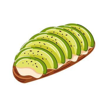 recommend clip art: Avocado toast from dark rye bread with slices of avocado, cottage cheese and pepper. Cartoon. Healthy breakfast for menu and restaurants design. Vector illustration isolated on white background.