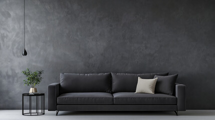 Modern minimalist living room with dark gray walls and a sleek black sofa with light accents