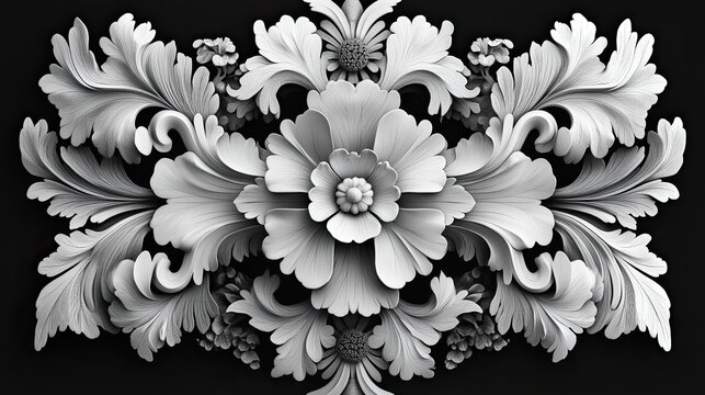 76. A symmetrical design featuring a series of interwoven floral and geometric patterns, all rendered in black and white, creating a sense of balance and harmony