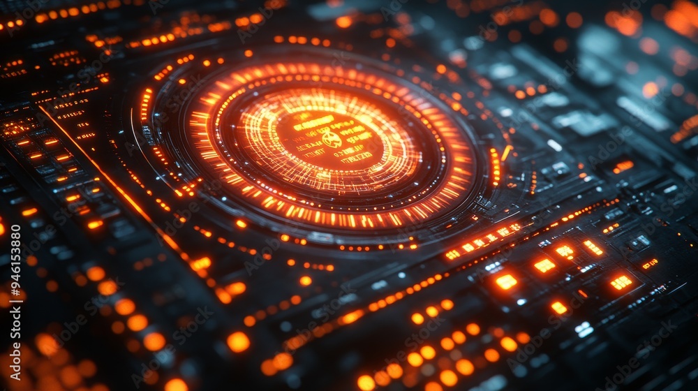 Poster a holographic display reveals detailed circuit patterns with glowing orange lights, creating an imme