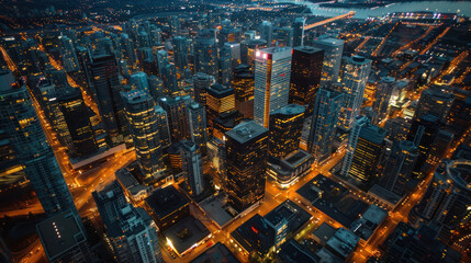 Aerial shot of an iconic city landmark bathed in light at night, surrounded by a sea of twinkling city lights, capturing the energy and vibrancy of urban life after dark
