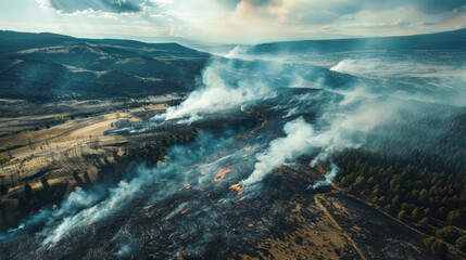 Naklejka premium Aerial shot of a wildfire area under environmental monitoring, with drones assessing the extent of damage, smoke rising from the landscape, and firebreaks visible