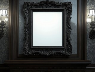 Exquisite Vintage Ornate Antique Frame Centered on Mantelpiece in Cozy Farmhouse Style Living Room Bathed in High Contrast Dramatic Lighting that Evokes a Sense of Timeless Grandeur and Refined Luxury