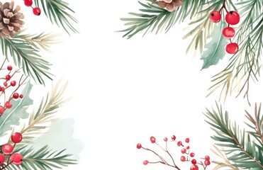 Watercolor Christmas-themed border frame, white background, red berries and pine branches, pine cones, clipart style, vector design, watercolor painting, white space in the center of the frame.
