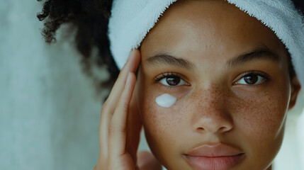 Skincare routine with young African American woman applying moisturizing cream on face