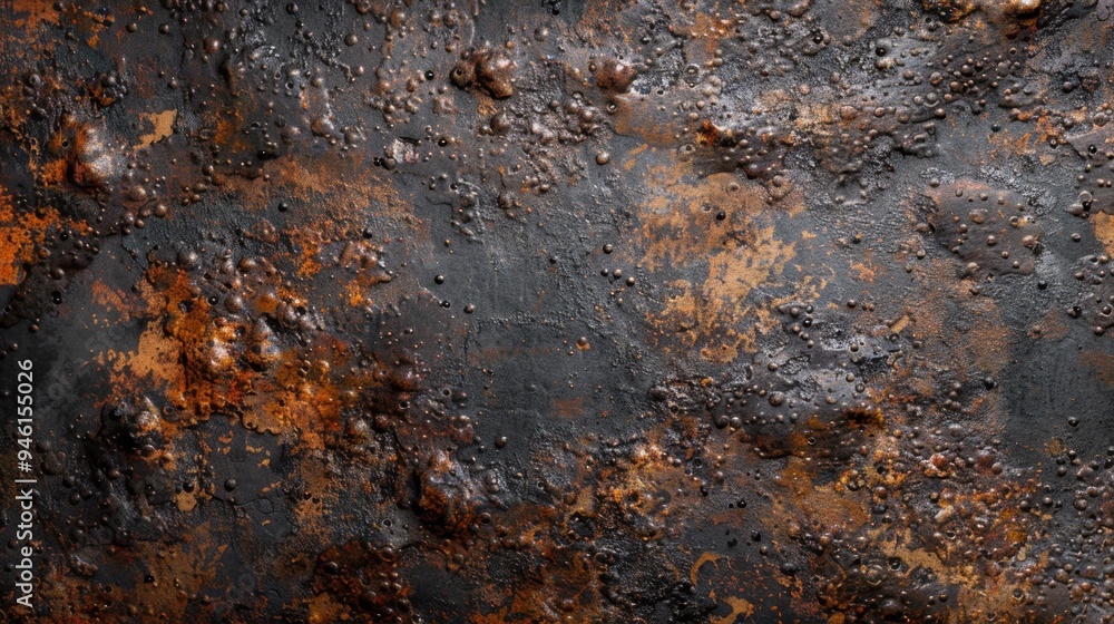 Poster top view of an old iron plate with deep rust spots and rough textures, perfect for a weathered backg