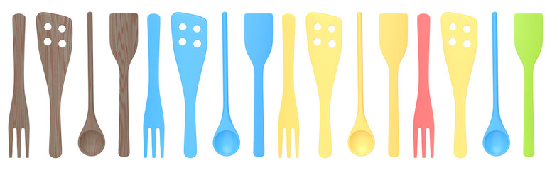 Wooden kitchen utensils, tools and equipment on white background. 3d render of home kitchen tools and accessories for cooking